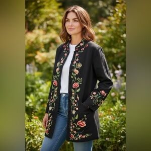 Victor Costa Occasion Black Embroidered Floral Jacket 1X Mandarin Collar